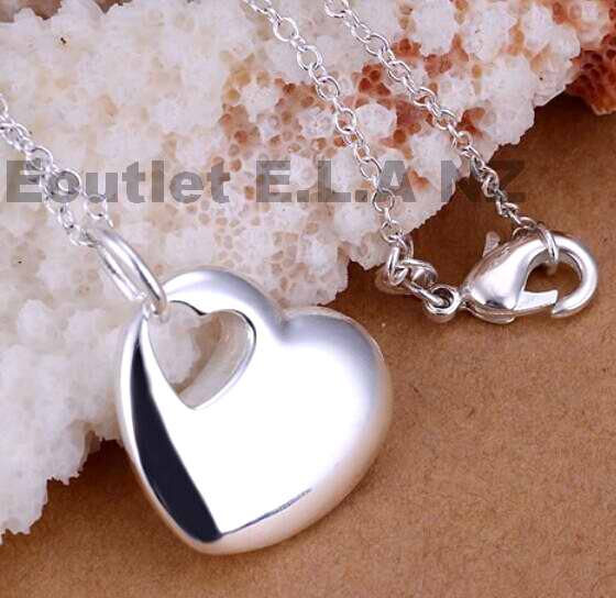 CUTE 26x20mm PUFF HEART SILVER NECKLACE-46cm